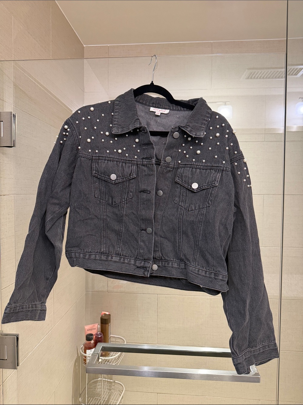 Pearl-Studded Black Denim Jean Jacket - Women. Never worn
